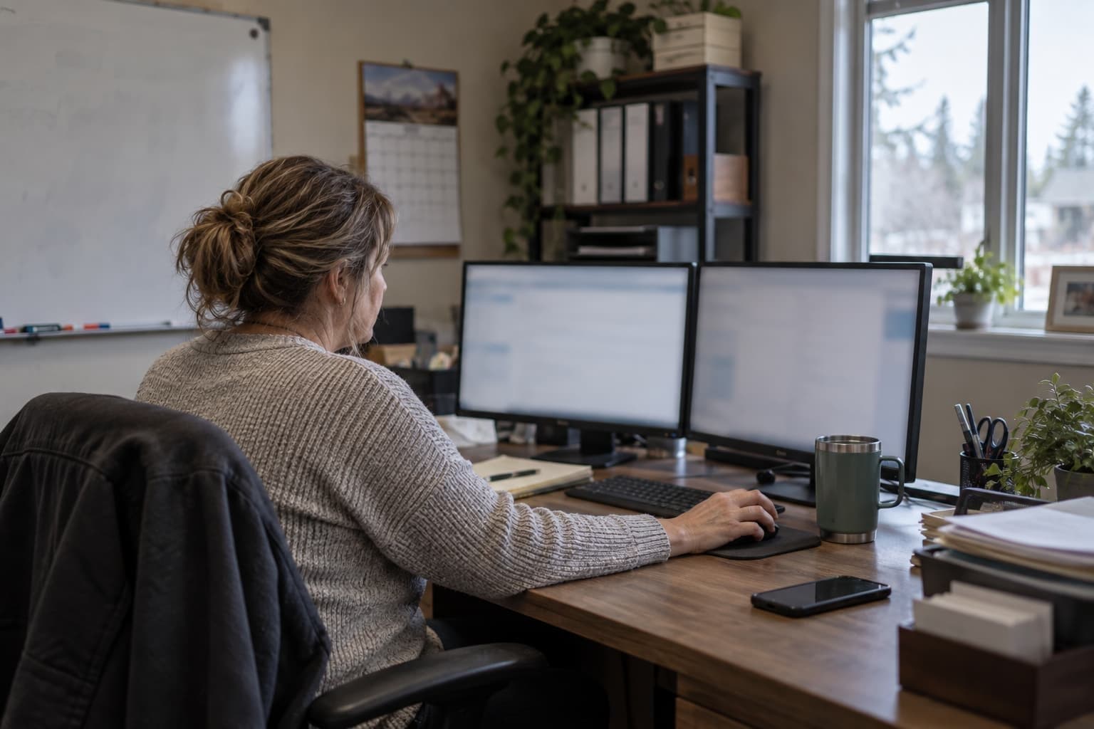 An office manager reviewing estimates on two monitors in a home service company's back office