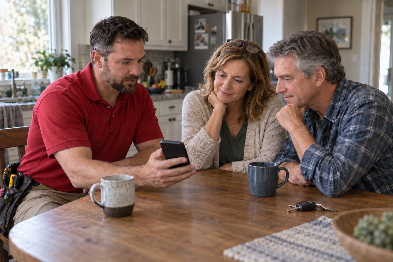A contractor showing an estimate on his phone to a homeowner couple at their kitchen table